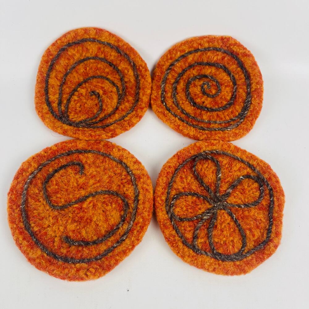 4 Handmade Felted Wool Coasters Orange with Brown Swirl Accents 5 1/4”